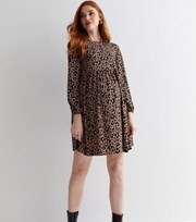 New Look Maternity Brown Leopard Print Crinkle Mini Smock Dress